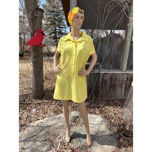 60s Mod Mini Dress Sunshine Yellow Schapira Embossed Print 1/4 Button Up